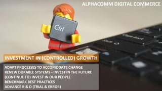 ALPHACOMM DIGITAL COMMERCE
INVESTMENT IN (CONTROLLED) GROWTH
ADAPT PROCESSES TO ACCOMODATE CHANGE
RENEW DURABLE SYSTEMS - INVEST IN THE FUTURE
(CONTINUE TO) INVEST IN OUR PEOPLE
BENCHMARK BEST PRACTICES
ADVANCE R & D (TRIAL & ERROR)
 