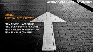 ALPHACOMM DIGITAL COMMERCE
CHANGE
SURVIVAL OF THE FITTEST
FROM NEWBIE  APP EXPERT
FROM LIVING ROOM  RED APPLE
FROM NATIONAL  INTERNATIONAL
FROM FAMILY  COMPANY
 
