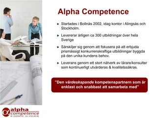 Alpha Competence
   Startades i Bollnäs 2002, idag kontor i Alingsås och
   Stockholm.
   Levererar årligen ca 300 utbildningar över hela
   Sverige
   Särskiljer sig genom att fokusera på att erbjuda
   prismässigt konkurrenskraftiga utbildningar byggda
   på den unika kundens behov.
   Leverans genom ett stort nätverk av lärare/konsulter
   som kontinuerligt utvärderas & kvalitetssäkras.



”Den värdeskapande kompetenspartnern som är
   enklast och snabbast att samarbeta med”
 