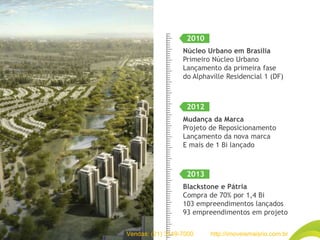 Blackstone e Pátria
Compra de 70% por 1,4 Bi
103 empreendimentos lançados
93 empreendimentos em projeto
2013
Mudança da Marca
Projeto de Reposicionamento
Lançamento da nova marca
E mais de 1 Bi lançado
2012
Núcleo Urbano em Brasília
Primeiro Núcleo Urbano
Lançamento da primeira fase
do Alphaville Residencial 1 (DF)
2010
Vendas: (21) 3149-7000 http://imoveismaisrio.com.br
 