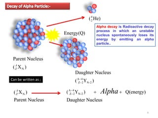 6
Decay of Alpha Particle:-
)
X
(
Nucleus
Parent
N
A
Z
)
Y
(
Nucleus
Daughter
2
-
N
4
A
2
Z
−
−
He)
(4
2
Energy(Q)
Can be written as ;
Nucleus
Parent
)
X
( N
A
Z
Nucleus
Daughter
Q(energy)
)
Y
( 2
-
N
4
A
2
Z +
+
−
− Alpha
Alpha decay is Radioactive decay
process in which an unstable
nucleus spontaneously loses its
energy by emitting an alpha
particle..
 