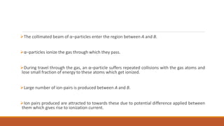 The collimated beam of α–particles enter the region between A and B.
α–particles ionize the gas through which they pass.
During travel through the gas, an α–particle suffers repeated collisions with the gas atoms and
lose small fraction of energy to these atoms which get ionized.
Large number of ion-pairs is produced between A and B.
Ion pairs produced are attracted to towards these due to potential difference applied between
them which gives rise to ionization current.
 