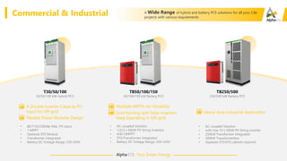 Alpha·ESS Your Smart Energy
Commercial & Industrial
Alpha·ESS Your Smart Energy
• 80/110/220kWp Max. PV input,
• 1 MPPT
• Optional STS Module
• Transformer Integrated
• Battery DC Voltage Range: 250-520V
• AC-coupled Solution
• 1/2/3 x 60kW PV String Inverters
• 4/8/12MPPT
• STS/Transformer Integrated
• Battery DC Voltage Range: 250–520V
A Double Inverter Capacity PV
Input for Off-grid
Flexible Power Modular Design
Multiple MPPTs for Flexibility
Grid-forming with Solar Inverters
Keep Operating in Off-grid
T30/50/100
30/50/100 kW Hybrid PCS
TB50/100/150
50/100/150 kW Battery PCS
• AC-coupled Solution
• with max.10 x 50kW PV String Inverter
• 250kW Transformer Integrated
• 500kW Transformerless
• Separate STS/ATS cabinet required
Heavy-duty Industrial Application
TB250/500
250/500 kW Battery PCS
A Wide Range of hybrid and battery PCS solutions for all your C&I
projects with various requirements
 