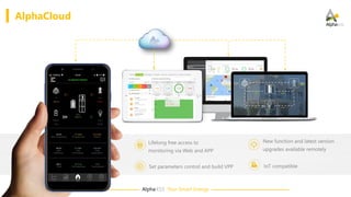 Alpha·ESS Your Smart Energy
AlphaCloud
Lifelong free access to
monitoring via Web and APP
New function and latest version
upgrades available remotely
Set parameters control and build VPP IoT compatible
 
