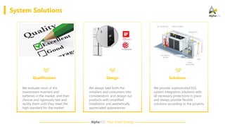 Alpha·ESS Your Smart Energy
System Solutions
Qualification
We evaluate most of the
mainstream inverters and
batteries in the market, and then
choose and rigorously test and
rectify them until they meet the
high standard for the market.
Solutions
We provide sophisticated ESS
system integration solutions with
all necessary protections in place
and always provide flexible
solutions according to the projects.
Power
Distribution
Storage PCS
Battery Clusters
Fire Fighting
System
Air-Conditioner
EMS
Design
We always take both the
installers and consumers into
consideration, and design our
products with simplified
installation and aesthetically
appreciated appearances.
 