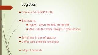 Logistics
 You’re in ST. JOSEPH HALL
Bathrooms:
Ladies – down the hall, on the left
Men – Up the stairs, straight in front of you.
Soft drinks in the refrigerator
Coffee also available tomorrow.
 Map of Grounds
 