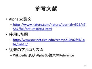 参考文献
• AlphaGo論文
– https://www.nature.com/nature/journal/v529/n7
587/full/nature16961.html
• 使用した図
– http://www.owlnet.rice.edu/~comp210/02fall/La
bs/Lab15/
• 従来のアルゴリズム
– Wikipedia 及び AlphaGo論文のReference
126
 
