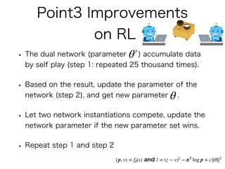 Point3 Improvements
on RL
(p, v) = fθ(s) and l = (z − v)2
− πT
log p + c∥θ∥2
• The dual network (parameter ) accumulate da...