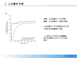 7. 人の動き予測
赤線：人の対戦データで学習
青線：人の対戦データ無で学習
人の対戦データで学習させた方が
人間の手を高精度で予測
→→ 人のプレイスタイルを模倣し人のプレイスタイルを模倣し
ない方が高いパフォーマンスがない方が高いパフォーマンスが
出る出る
- 21 -
 