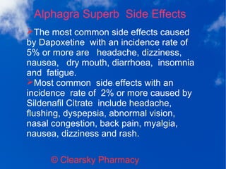 Alphagra Superb Side Effects
© Clearsky Pharmacy
➢The most common side effects caused
by Dapoxetine with an incidence rate of
5% or more are headache, dizziness,
nausea, dry mouth, diarrhoea, insomnia
and fatigue.
➢Most common side effects with an
incidence rate of 2% or more caused by
Sildenafil Citrate include headache,
flushing, dyspepsia, abnormal vision,
nasal congestion, back pain, myalgia,
nausea, dizziness and rash.
 