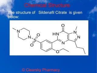 Chemical Structure
© Clearsky Pharmacy
The structure of Sildenafil Citrate is given
below:
 