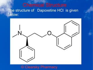 Chemical Structure
© Clearsky Pharmacy
The structure of Dapoxetine HCl is given
below:
 