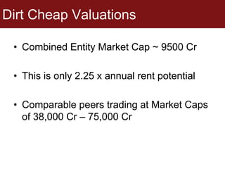 Dirt Cheap Valuations
• Combined Entity Market Cap ~ 9500 Cr
• This is only 2.25 x annual rent potential
• Comparable peers trading at Market Caps
of 38,000 Cr – 75,000 Cr
 