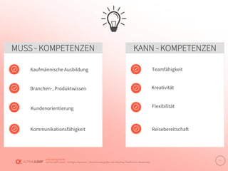 www.alphajump.de
ALPHAJUMPGmbH | AllRights Reserved. | DeutschlandsgrößteJob-Matching-Plattformfür Akademiker
– 3 –
MUSS - KOMPETENZEN KANN - KOMPETENZEN
Kaufmännische Ausbildung
Branchen-, Produktwissen
Kommunikationsfähigkeit
Kundenorientierung
Teamfähigkeit
Kreativität
Reisebereitschaft
Flexibilität
 