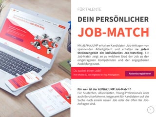 www.alphajump.de
ALPHAJUMPGmbH | AllRights Reserved. | DeutschlandsgrößteJob-Matching-Plattformfür Akademiker
– 5 –
DEIN PERSÖNLICHER
JOB-MATCH
FÜR TALENTE
Mit ALPHAJUMP erhalten Kandidaten Job-Anfragen von
spannenden Arbeitgebern und erhalten zu jedem
Stellenangebot ein individuelles Job-Matching. Ein
Job-Match zeigt an zu welchem Grad der Job zu den
eingetragenen Kompetenzen und der angegebenen
Ausbildung passt.
Für wen ist der ALPHAJUMP Job-Match?
Für Studenten, Absolventen, Young-Professionals oder
auch Berufserfahrene. Insgesamt für Kandidaten auf der
Suche nach einem neuen Job oder die offen für Job-
Anfragen sind.
 