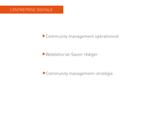 L’ENTREPRISE DIGITALE




                 Community management opérationnel



                 Webéditorial-Savoir rédiger



                 Community management-stratégie
 
