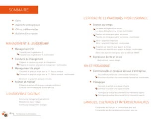 SOMMAIRE

                                                                                  L’EFFICACITE ET PARCOURS PROFESSIONNEL
     Edito
     Approche pédagogique                                                              Gestion du temps
                                                                                         Les bases de la gestion du temps
     Offres préférentielles
                                                                                         Les bases de la gestion du temps; multimodale
     Bulletin d inscription
              d’inscription                                                              Planifier
                                                                                         Pl ifi son temps pour gérer son stress
                                                                                                    t           é         t
                                                                                         Planifier son temps pour gérer son stress ; multimodale

                                                                                         Gérer l’urgent et l’important
MANAGEMENT & LEADERSHIP                                                                  Gérer l’urgent et l’important ; multimodale

                                                                                         Travailler par objectifs pour gagner du temps
     Management 2.0                                                                      Travailler par objectifs pour gagner du temps ; multimodale
        Travailler avec la génération Y                                                  Définir des objectifs intelligents avec la méthode SMART
        Travailler avec la génération Y; multimodale
                                                                                       Expression écrite et orale
     Conduite du changement                                                                Web-éditorial : savoir rédiger
        Préparer et conduire un projet de changement
        Préparer et conduire un projet de changement ; multimodale
                                                                                  RH ET PEDAGOGIE
     Management de projet
        Concevoir et gérer un projet pour la 1ère fois ou presque                      Communautés et réseaux sociaux d’entreprise
        Concevoir et gérer un projet pour la 1ère fois ou presque ; multimodale            Structurer et animer une communauté d’entreprise
                                                                                           Structurer et animer une communauté d’entreprise; multimodale
        Structurer un projet en quelques minutes
     Animer et motiver                                                                 Pédagogie
        Préparer et animer efficacement une web conférence                                 Concevoir et animer une classe virtuelle
        Conduire naturellement une réunion efficace
                                                                                            Concevoir et animer une classe virtuelle

                                                                                           Techniques d’analyse documentaire et d’interview d’experts
L’ENTREPRISE DIGITALE                                                                      Techniques d’analyse documentaire et d’interview d’experts

        Community management opérationnel
        Webéditorial-Savoir
        Webéditorial Savoir rédiger                                               LANGUES,
                                                                                  LANGUES CULTURES ET INTERCULTURALITES
        Community management-stratégie
                                                                                         Comprendre les Français et communiquer avec eux
                                                                                         Comprendre les Allemands et communiquer avec eux

     Formations muttimodales
 