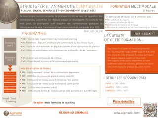 STRUCTURER ET ANIMER UNE COMMUNAUTE                                                        FORMATION MULTIMODALE
                      ACTEURS, ENJEUX, BENEFICES ET FONCTIONNEMENT (Cop ET RSE)                                                                   21 heures
                     De tous temps, les communautés de pratique ont été au cœur de la gestion des
                                p ,                    p q                            g                    Un parcours de 21 heures sur 6 semaines avec :
                     connaissances, aujourd’hui les réseaux sociaux se développent. Au cours de ces         Un séminaire de 2 jours
                                                                                                            7 classes virtuelles de 60 mn
                     trois jours, le participants vont acquérir des connaissances pratiques et
                                                                                                            Une feuille de route et un fil rouge
                     théoriques sur la vie et l'animation d'une communauté de pratique et d'un RSE:         Un espace numérique social cloud learning sur 2 mois

                                                                                        RHF_001_M_FR
                       PROGRAMME                                                                                                          Tarif : 1 500 € HT
                                                                                                           LES ATOUTS
                       M0 : Tour de table et présentation du social cloud learning
                                                                                                           DE CETTE FORMATION :
  Séminaire            M1 Définitions - Enjeux et bénéfice d'une communauté ou d'un réseau social
    Jour 1             M2 : Cycle de vie et évaluation du degré de maturité d'une communauté de pratique
                                                                                                           - Des mises en situation de travail progressives
                       M3 : Rôles et activités dans une communauté de pratique (le rôle de l animateur)
                                                                                           l’animateur)
                                                                                                           - Un cas pratique fil rouge comme support d’activités
                                                                                                           - Une feuille de route proposée à chaque participant
  Séminaire            M4 : Lancer une communauté de pratique                                              - Un espace stagiaire ouvert sur deux mois
    Jour 2                                                                                                 - Des supports et des outils disponibles en ligne
                       M5 : Projet de plan d’actions de la communauté apprenante
                                                                                                           - Différents niveaux de coaching possibles en option
                                                                                                           - Une communauté de pratique possible en intra
                      MISE EN SITUATION DE TRAVAIL

  Classe virtuelle
                       M6 : (CV1) Lancement “virtuel” de la communauté apprenante

  Classe virtuelle
                       M7 : (CV2) Mise en commun de plans d’actions collectifs
                                                                                                           DÉBUT DES SESSIONS 2013
  Classe virtuelle     M8 : (CV3) Lancer un réseau social d’entreprise (1ère partie)
  Classe virtuelle     M9 : (CV4) Lancer u réseau social d’entreprise (2ème partie)
                            (C ) a ce un éseau soc a d e ep se ( è e pa e)                                 PARIS : 21/03 – 05/06

  Classe virtuelle     M10 : (CV5) Orienter et animer le RSE                                               NANTES : 10/01 – 10/09

  Classe virtuelle     M11 : (CV6) résume du titre du module avec un style accrocheur et sur UNE ligne     LIMOGES : 16/05 – 14/11


Social Cloud
   Learning
                                   En option : trois formules de coaching



                                                               RETOUR AU SOMMAIRE                                  www.alphalia.com
 