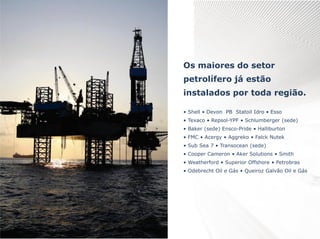 Os maiores do setor
petrolífero já estão
instalados por toda região.
• Shell • Devon PB Statoil Idro • Esso
• Texaco • Repsol-YPF • Schlumberger (sede)
• Baker (sede) Ensco-Pride • Halliburton
• FMC • Acergy • Aggreko • Falck Nutek
• Sub Sea 7 • Transocean (sede)
• Cooper Cameron • Aker Solutions • Smith
• Weatherford • Superior Offshore • Petrobras
• Odebrecht Oil e Gás • Queiroz Galvão Oil e Gás

 