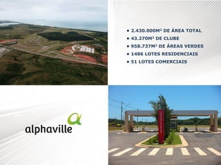 • 2.430.000M2 DE ÁREA TOTAL
• 43.270M2 DE CLUBE
• 958.737M2 DE ÁREAS VERDES
• 1486 LOTES RESIDENCIAIS
• 51 LOTES COMERCIAIS

 