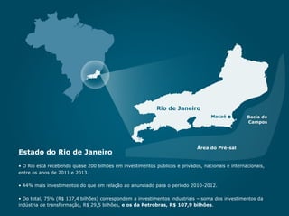 Estado do Rio de Janeiro
• O Rio está recebendo quase 200 bilhões em investimentos públicos e privados, nacionais e internacionais,
entre os anos de 2011 e 2013.
• 44% mais investimentos do que em relação ao anunciado para o período 2010-2012.
• Do total, 75% (R$ 137,4 bilhões) correspondem a investimentos industriais – soma dos investimentos da
indústria de transformação, R$ 29,5 bilhões, e os da Petrobras, R$ 107,9 bilhões.

 