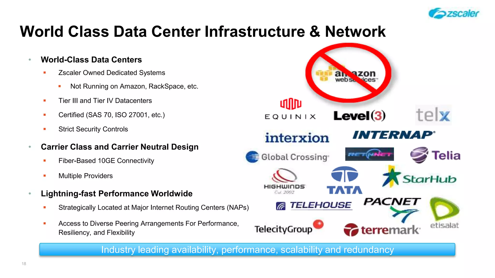 World Class Data Center Infrastructure & Network
18
• World-Class Data Centers
 Zscaler Owned Dedicated Systems
 Not Running on Amazon, RackSpace, etc.
 Tier III and Tier IV Datacenters
 Certified (SAS 70, ISO 27001, etc.)
 Strict Security Controls
• Carrier Class and Carrier Neutral Design
 Fiber-Based 10GE Connectivity
 Multiple Providers
• Lightning-fast Performance Worldwide
 Strategically Located at Major Internet Routing Centers (NAPs)
 Access to Diverse Peering Arrangements For Performance,
Resiliency, and Flexibility
Industry leading availability, performance, scalability and redundancy
 