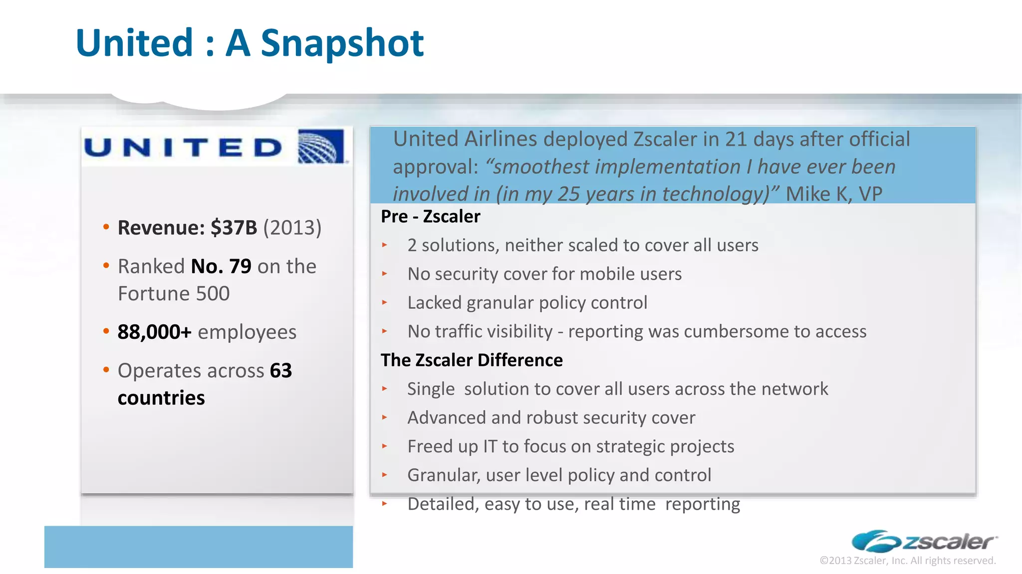 United : A Snapshot
©2013 Zscaler, Inc. All rights reserved.6
• Revenue: $37B (2013)
• Ranked No. 79 on the
Fortune 500
• 88,000+ employees
• Operates across 63
countries
United Airlines deployed Zscaler in 21 days after official
approval: “smoothest implementation I have ever been
involved in (in my 25 years in technology)” Mike K, VP
Pre - Zscaler
‣ 2 solutions, neither scaled to cover all users
‣ No security cover for mobile users
‣ Lacked granular policy control
‣ No traffic visibility - reporting was cumbersome to access
The Zscaler Difference
‣ Single solution to cover all users across the network
‣ Advanced and robust security cover
‣ Freed up IT to focus on strategic projects
‣ Granular, user level policy and control
‣ Detailed, easy to use, real time reporting
 