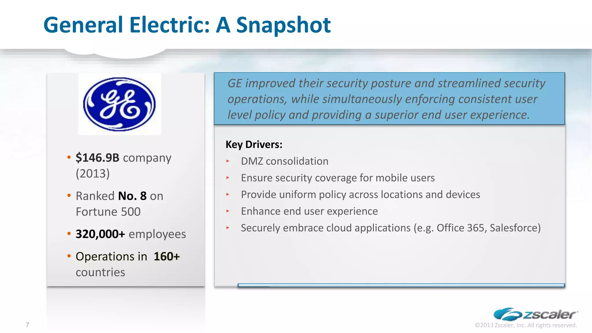 GE improved their security posture and streamlined security
operations, while simultaneously enforcing consistent user
level policy and providing a superior end user experience.
General Electric: A Snapshot
Key Drivers:
‣ DMZ consolidation
‣ Ensure security coverage for mobile users
‣ Provide uniform policy across locations and devices
‣ Enhance end user experience
‣ Securely embrace cloud applications (e.g. Office 365, Salesforce)
©2013 Zscaler, Inc. All rights reserved.7
• $146.9B company
(2013)
• Ranked No. 8 on
Fortune 500
• 320,000+ employees
• Operations in 160+
countries
 