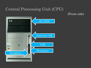 Central Processing Unit (CPU)
                                (Front side)

                 CD / DVD




               Power On / Off



                  USB

               Microphone
  Headphone
 