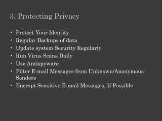 Quiz
   Statement
 1 Set up username and password
 2 Back up data
 3 Delete cookies periodically
 4 Use lock combination
 5 Clear cache memory
 6 Use secure Web sites

 Option 1                    Option 2
 Protect Computer Data       Avoid Online Threats
 