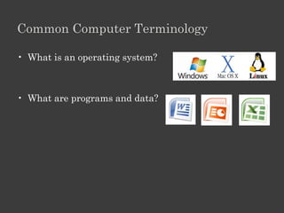 Lesson 2: Outline


Lesson 2 Terminology

        Operating system

        Programs and data

        Network

        Internet
 