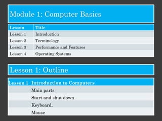 Module 1: Computer Basics
Lesson      Title
Lesson 1    Introduction
Lesson 2    Terminology
Lesson 3    Performance and Features
Lesson 4    Operating Systems



Lesson 1: Outline
Lesson 1 Introduction to Computers
           Main parts
           Start and shut down
           Keyboard.
           Mouse
 