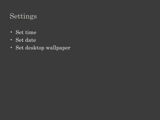 Program Window

•   Title bar
•   Menu bar
•   Toolbar
•   Min
•   Max
•   Close
•   Scroll
•   Resize
•   Taskbar
 