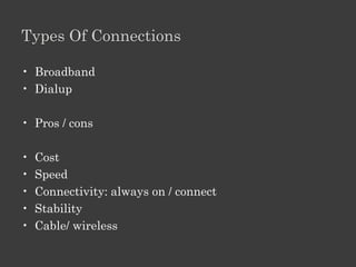 Need to Connect

1.   Computer
2.   Modem
3.   Web Browser
4.   Internet Service Provider: username
 