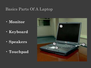 Basics Parts Of A Laptop


• Monitor

• Keyboard

• Speakers

• Touchpad
 