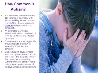 How Common is Autism?It is estimated that one in every 110 children is diagnosed with autism, making it more common than childhood cancer, juvenile diabetes and pediatric AIDS combined. An estimated 1.5 million individuals in the U.S. and tens of millions worldwide are affected by autism. Government statistics suggest the prevalence rate of autism is increasing 10-17 percent annually. Studies suggest boys are more likely than girls to develop autism and receive the diagnosis three to four times more frequently. Current estimates are that in the United States alone, one out of 70 boys is diagnosed with autism.