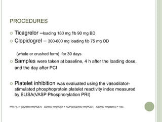 PROCEDURES
 Ticagrelor –loading 180 mg f/b 90 mg BD
 Clopidogrel – 300-600 mg loading f/b 75 mg OD
(whole or crushed form) for 30 days
 Samples were taken at baseline, 4 h after the loading dose,
and the day after PCI
 Platelet inhibition was evaluated using the vasodilator-
stimulated phosphoprotein platelet reactivity index measured
by ELISA(VASP Phosphorylation PRI)
PRI (%) = (OD450 nm[PGE1] - OD450 nm[PGE1 + ADP])/(OD450 nm[PGE1] - OD450 nm[blank]) × 100.
 