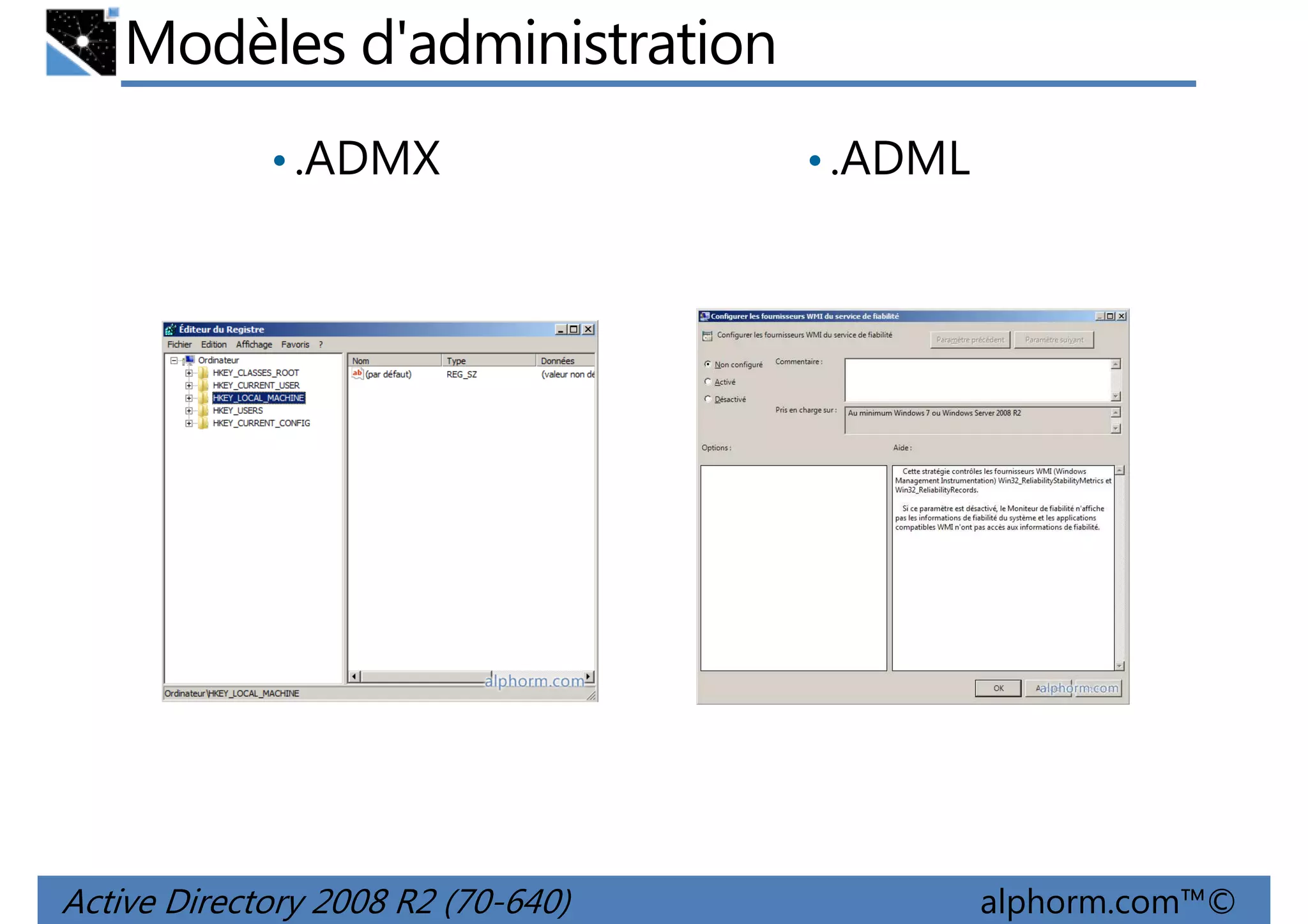 Modèles d'administration
• .ADMX

Active Directory 2008 R2 (70-640)

• .ADML

alphorm.com™©

 