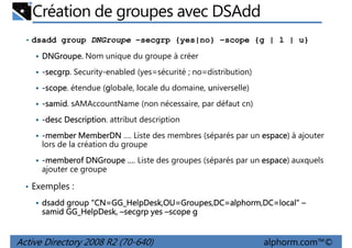 Création de groupes avec DSAdd
• dsadd group DNGroupe –secgrp {yes|no} –scope {g | l | u}

DNGroupe.
DNGroupe. Nom unique du groupe à créer
-secgrp. Security-enabled (yes=sécurité ; no=distribution)
secgrp
-scope. étendue (globale, locale du domaine, universelle)
scope
g
-samid. sAMAccountName (non nécessaire, par défaut cn)
samid
Description.
-desc Description attribut description
espace)
-member MemberDN …. Liste des membres (séparés par un espace à ajouter
lors de la création du groupe
espace)
-memberof DNGroupe …. Liste des groupes (séparés par un espace auxquels
ajouter ce groupe
• Exemples :
"CN=GG_HelpDesk,OU Groupes,DC=alphorm,DC=local"
GG_HelpDesk,OU=
dsadd group "CN=GG_HelpDesk,OU=Groupes,DC=alphorm,DC=local" –
GG_HelpDesk,
samid GG_HelpDesk, –secgrp yes –scope g

Active Directory 2008 R2 (70-640)

alphorm.com™©

 