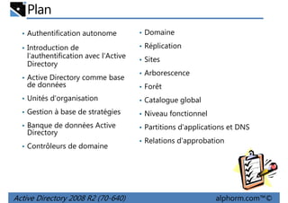 Plan
• Authentification autonome

• Domaine

• Introduction de

• Réplication

l’authentification avec l’Active
Directory
• Active Directory comme base

de données

• Sites
• Arborescence
• Forêt

• Unités d'organisation

• Catalogue global

• Gestion à base de stratégies

• Niveau fonctionnel

• Banque de données Active

• Partitions d'applications et DNS

Directory

• Contrôleurs de domaine

Active Directory 2008 R2 (70-640)

• Relations d'approbation

alphorm.com™©

 
