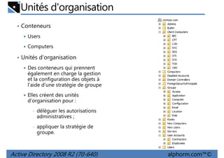 Unités d'organisation
• Conteneurs
Users
Computers
• Unités d'organisation
Des conteneurs qui prennent
également en charge la gestion
et la configuration des objets à
l'aide d'une stratégie de groupe
Elles créent des unités
d'organisation pour :
•

déléguer les autorisations
administratives ;

•

appliquer la stratégie de
groupe.

Active Directory 2008 R2 (70-640)

alphorm.com™©

 
