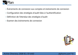 Plan
• Événements de connexion aux comptes et événements de connexion
• Configuration des stratégies d'audit liées à l'authentification
• Définition de l'étendue des stratégies d'audit
• Examen des événements de connexion

Active Directory 2008 R2 (70-640)

alphorm.com™©

 