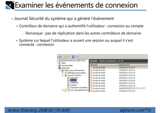 Examiner les événements de connexion
• Journal Sécurité du système qui a généré l'événement
Contrôleur de domaine qui a authentifié l'utilisateur : connexion au compte
•

Remarque : pas de réplication dans les autres contrôleurs de domaine

Système sur lequel l'utilisateur a ouvert une session ou auquel il s'est
connecté : connexion

Active Directory 2008 R2 (70-640)

alphorm.com™©

 