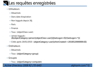 Les requêtes enregistrées
• Utilisateurs
Désactivés
Dans date d'expiration
Non loggués depuis 30j
Paris
Finance
Tous : (objectClass=user)
Jamais loggués :
(&(objectCategory=person)(objectClass=user))(|(lastLogon=0)(!(lastLogon
objectCategory=person)(objectClass=user))(|(lastLogon=0)(!(lastLogon=*)))
(&(objectCategory=person)(objectClass=user))(|(lastLogon=0)(!(lastLogon=*)))
Créés après 20/01/2010 : (objectCategory=user)(whenCreated>=20100120000000.0Z)
objectCategory=user)(whenCreated>=20100120000000.0Z)
=user)(whenCreated

• Ordinateurs
Désactivés
Tous : (objectCategory=group)
objectCategory=group)

• Groupes
Tous : (objectCategory=computer)
objectCategory=computer)

Active Directory 2008 R2 (70-640)

alphorm.com™©

 
