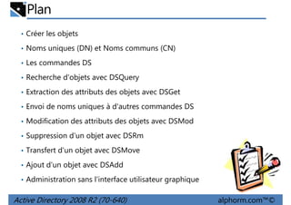 Plan
• Créer les objets
• Noms uniques (DN) et Noms communs (CN)
• Les commandes DS
• Recherche d'objets avec DSQuery
• Extraction des attributs des objets avec DSGet
• Envoi de noms uniques à d'autres commandes DS
• Modification des attributs des objets avec DSMod
• Suppression d'un objet avec DSRm
• Transfert d'un objet avec DSMove
• Ajout d'un objet avec DSAdd
• Administration sans l'interface utilisateur graphique

Active Directory 2008 R2 (70-640)

alphorm.com™©

 
