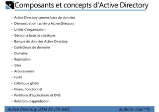 Composants et concepts d'Active Directory
• Active Directory comme base de données
• Démonstration : schéma Active Directory
• Unités d'organisation
• Gestion à base de stratégies
• Banque de données Active Directory
• Contrôleurs de domaine
• Domaine
• Réplication
• Sites
• Arborescence
• Forêt
• Catalogue global
• Niveau fonctionnel
• Partitions d'applications et DNS
• Relations d'approbation

Active Directory 2008 R2 (70-640)

alphorm.com™©

 