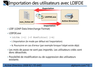 Importation des utilisateurs avec LDIFDE
Exportation

• LDIFDE.exe
Active Directory

nom_fichier.ldf

Importation

• LDIF (LDAP Data Interchange Format)
• LDIFDE.exe
ldifde [-i] [-f NomFichier] [-k]
i. Importation (le mode par défaut est l'exportation)
k. Poursuivre en cas d'erreur (par exemple lorsque l'objet existe déjà)
• Les mots de passe ne sont pas importés. Les utilisateurs créés sont

donc désactivés.
• Possibilité de modification ou de suppression des utilisateurs

existants

Active Directory 2008 R2 (70-640)

alphorm.com™©

 