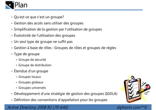 Plan
• Qu’est ce que c’est un groupe?
• Gestion des accès sans utiliser des groupes
• Simplification de la gestion par l'utilisation de groupes
• Évolutivité de l'utilisation des groupes
• Un seul type de groupe ne suffit pas
• Gestion à base de rôles : Groupes de rôles et groupes de règles
• Type de groupe
Groupe de sécurité
Groupe de distribution

• Étendue d'un groupe
Groupes locaux
Groupes globaux
Groupes universels

• Développement d'une stratégie de gestion des groupes (IGDLA)
• Définition des conventions d'appellation pour les groupes

Active Directory 2008 R2 (70-640)

alphorm.com™©

 