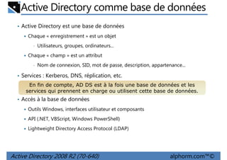Active Directory comme base de données
• Active Directory est une base de données
Chaque « enregistrement » est un objet
•

Utilisateurs, groupes, ordinateurs...

Chaque « champ » est un attribut
•

Nom de connexion, SID, mot de passe, description, appartenance...

• Services : Kerberos, DNS, réplication, etc.
En fin de compte, AD DS est à la fois une base de données et les
services qui prennent en charge ou utilisent cette base de données.

• Accès à la base de données
Outils Windows, interfaces utilisateur et composants
API (.NET, VBScript, Windows PowerShell)
Lightweight Directory Access Protocol (LDAP)

Active Directory 2008 R2 (70-640)

alphorm.com™©

 