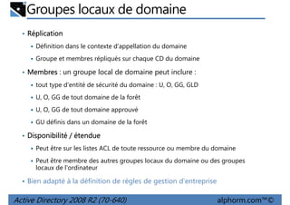 Groupes locaux de domaine
• Réplication
Définition dans le contexte d'appellation du domaine
Groupe et membres répliqués sur chaque CD du domaine

• Membres : un groupe local de domaine peut inclure :
tout type d'entité de sécurité du domaine : U, O, GG, GLD
U, O, GG de tout domaine de la forêt
U, O, GG de tout domaine approuvé
GU définis dans un domaine de la forêt

• Disponibilité / étendue
Peut être sur les listes ACL de toute ressource ou membre du domaine
Peut être membre des autres groupes locaux du domaine ou des groupes
locaux de l'ordinateur

• Bien adapté à la définition de règles de gestion d'entreprise

Active Directory 2008 R2 (70-640)

alphorm.com™©

 